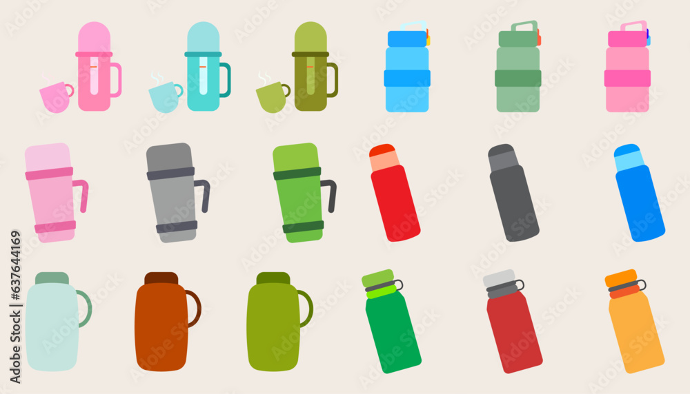 Collection  camping equipment design ,Container water bottles for sport.Set of drinking water bottles.