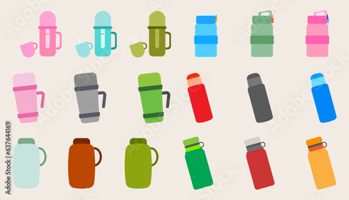 Collection  camping equipment design  Container water bottles for sport.Set of drinking water bottles.