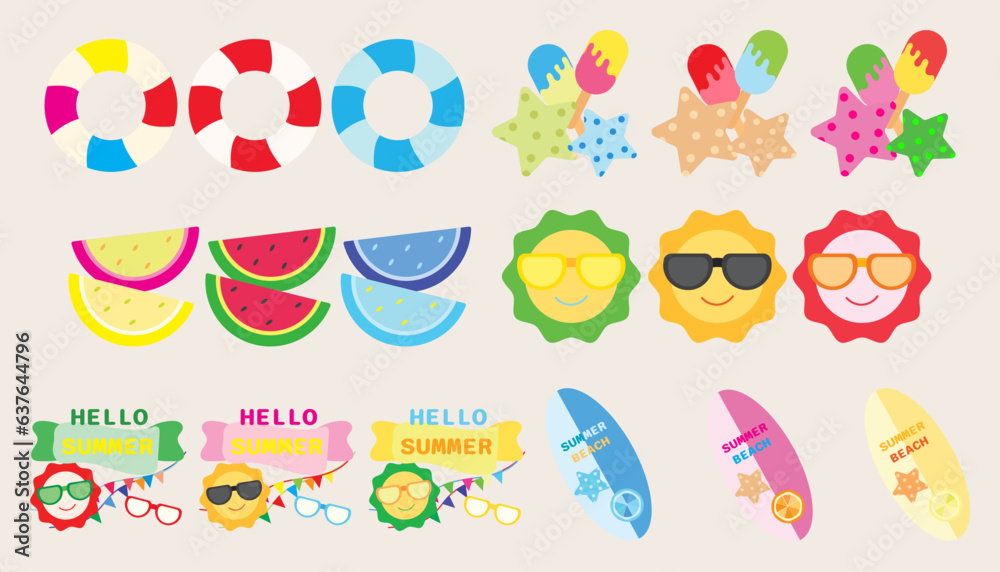 Collection icon summer Starfish, swimming ring, coconut, ice cream, surfboard. set of summer.