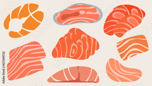 Collection icon thick slices of raw salmon of fresh sashimi or trout sashimi. set of salmon.