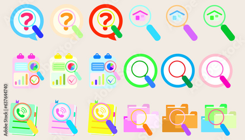 Collection Magnifying glass icon with information search . set of searching for work file information.