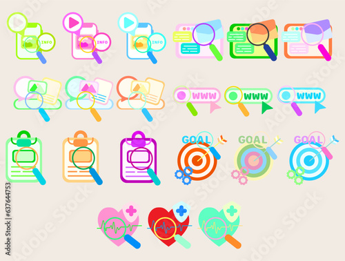 Collection Magnifying glass icon with information search . set of searching for work file information.