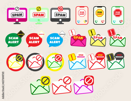 Collection icon alerts against viruses, spam, in various forms. set of Spam pop-up warning.