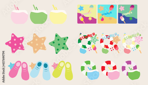 Collection icon summer Starfish, swimming ring, coconut, ice cream, surfboard. set of summer.