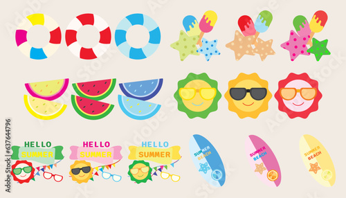 Collection icon summer Starfish  swimming ring  coconut  ice cream  surfboard. set of summer.