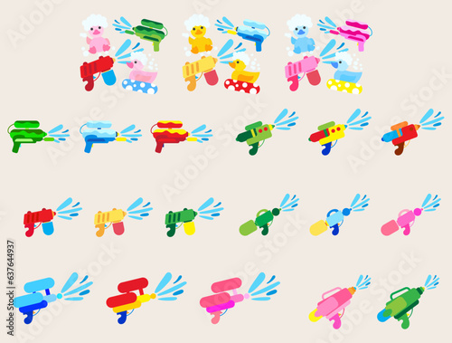 Collection icon Water gun. Plastic summer toy. Colorful design for children. set of Gun with water splash.