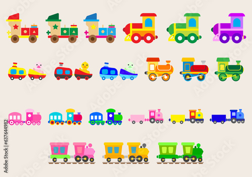 Collection icon children's constructor train with trailers. set of preschool education.