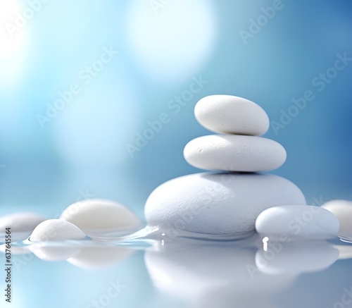 Beautiful white stones stacked on the water s surface  with a serene blue background. A concept of Zen and balance.