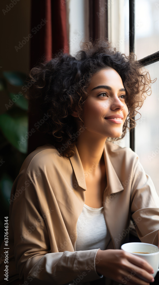 A beautiful young woman smiling happily next to a window. A beautiful young woman smiling happily next to a window.
