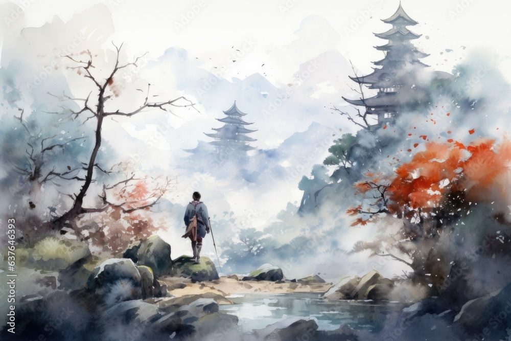 Chinese ink landscape painting created digitally Generative AI Chinese ink landscape painting created digitally Generative AI