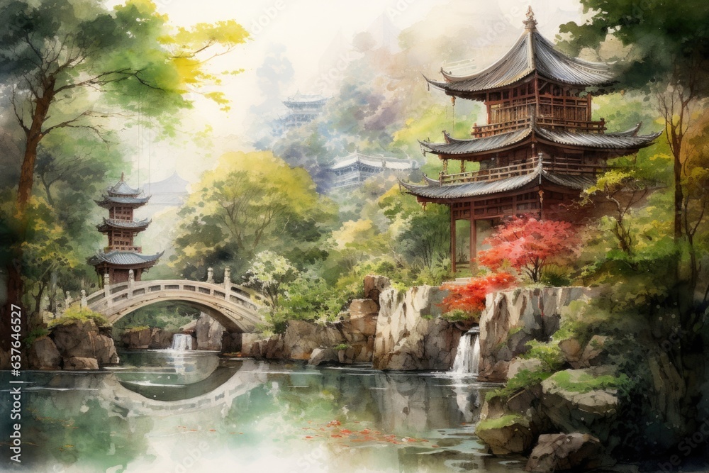 Chinese ink landscape painting created digitally Generative AI Chinese ink landscape painting created digitally Generative AI