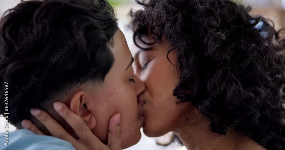 Love, kiss and face of happy lesbian couple, queer women or bisexual girlfriend bond, care and smile for morning wellness. Romance, home and homosexual people relax, intimate and connect with partner Love, kiss and face of happy lesbian couple, queer women or bisexual girlfriend bond, care and smile for morning wellness. Romance, home and homosexual people relax, intimate and connect with partner