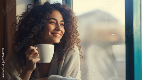 A beautiful young woman smiling holding a cup drinking coffee in a coffee shop. photo
