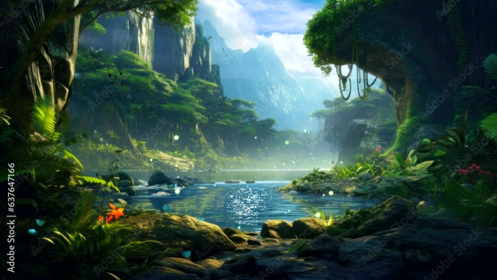 tropical Rainforest background video, with river, tree amazing view landscape nature fantasy looping scenery 4k