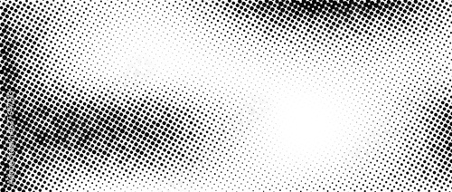Aged halftone faded wavy gradient texture. Grunge dirty speckles and spots background. Black and white uneven sand grain wallpaper. Retro random pixelated comic vector backdrop