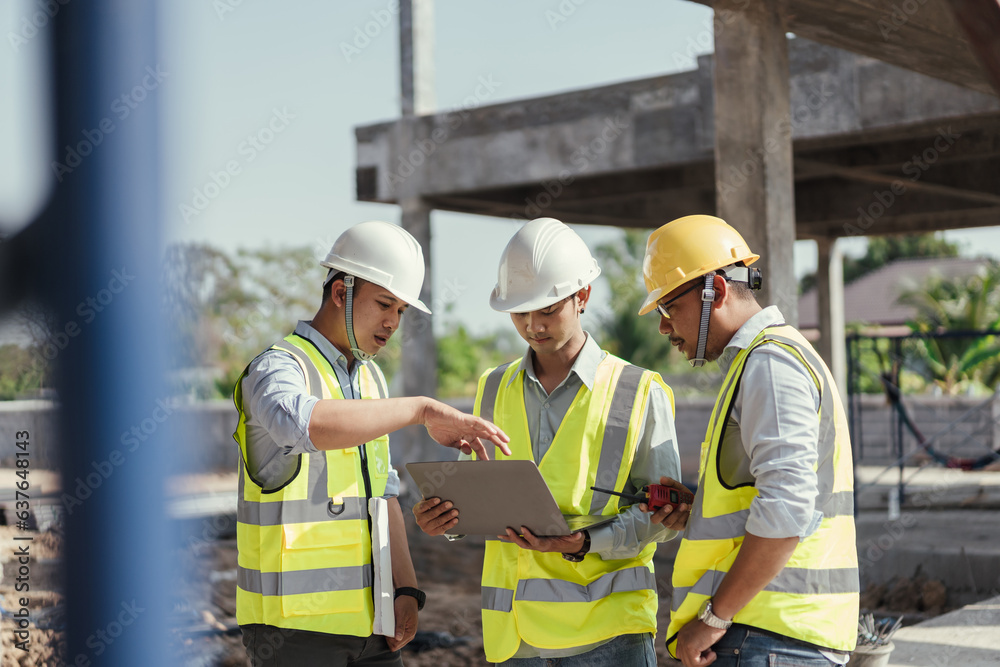 Building Project with Civil Engineer, Contractor and Architect discussing plan details. Team engineer inspection use computer laptop working at construction site. Teamwork discussing at workplace. Building Project with Civil Engineer, Contractor and Architect discussing plan details. Team engineer inspection use computer laptop working at construction site. Teamwork discussing at workplace.