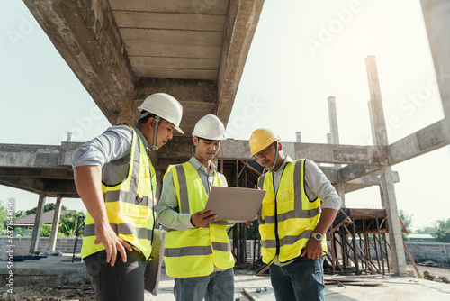 Building Project with Civil Engineer, Contractor and Architect discussing plan details. Team engineer inspection use computer laptop working at construction site. Teamwork discussing at workplace.