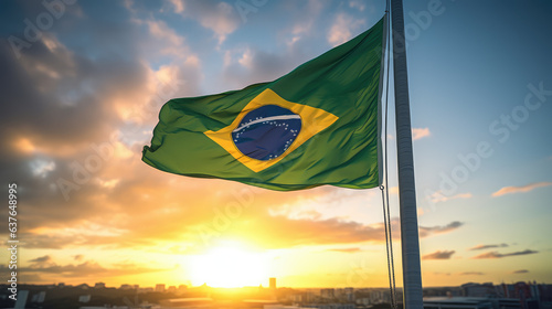 Flag of Brazil flying on a flagpole against a sunset sky, Independence Day of Brazil.