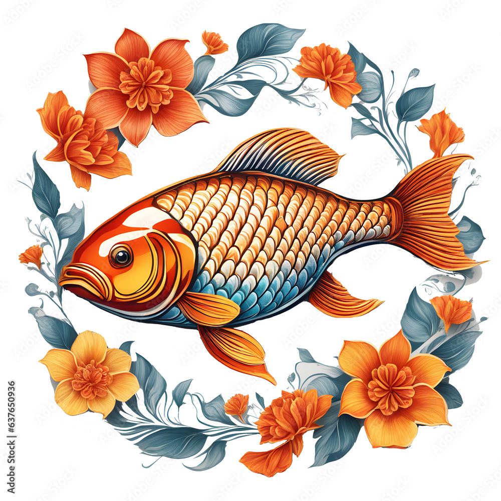 Naklejka premium Orange Carp in mandala art style.