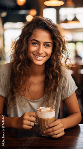 A beautiful young woman smiling holding a cup drinking coffee in a coffee shop.