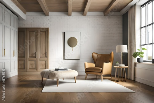 3d rendering of a minimal relaxed space with earthy tones and a beige sheepskin club armchair