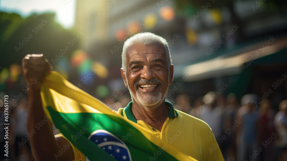 Fototapeta premium A man smiling at the camera with a Brazilian flag on Brazil's Independence Day.