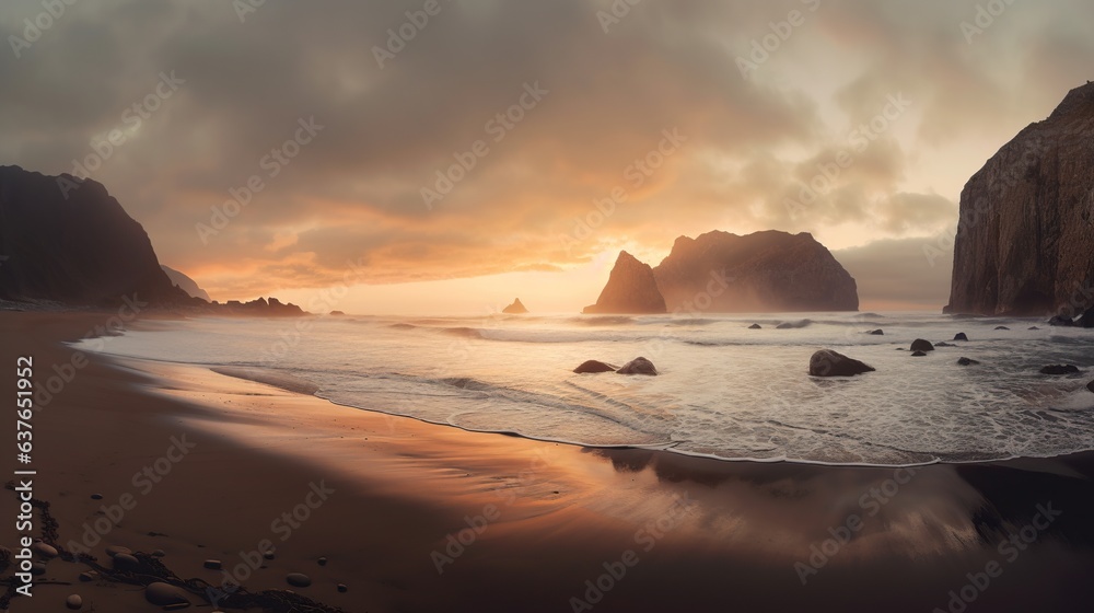 Panoramic view of the beach and cliffs at sunset