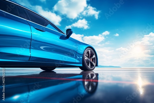 A sleek and modern car parked on a smooth tarmac under a bright blue sky