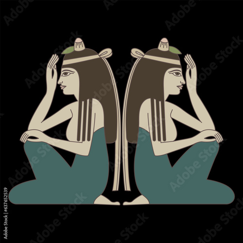 Symmetrical ethnic design with two seated ancient Egyptian women in profile. On black background.
