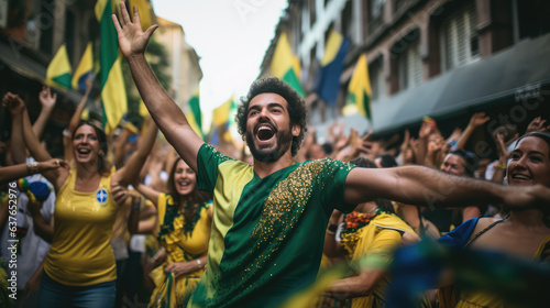 Cheerful man in costume at street party celebrating Brazil's Independence Day.