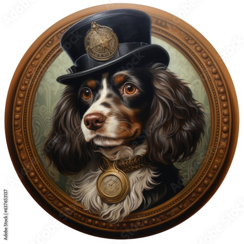 Portrait of a steampunk cavalier king charles in hat, Steampunk dog, steampunk spaniel, steampunk spaniel wreath sign, cavalier king charles spaniel, king charles dog in hat, wreath sign, spaniel, dog