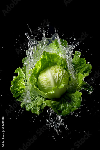 A closeup photo of cabbage vegetable with water splash on isolated background, cooking and healthy eating concept, garden