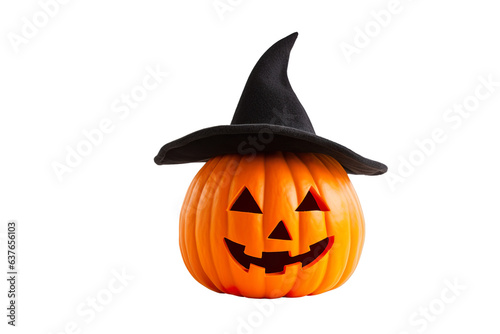 Photo of cute Halloween carved pumpkin with witch hat isolated on white background PNG