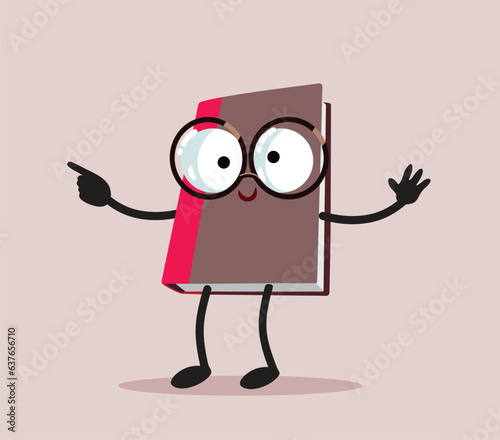 Funny Vector Book Character Wearing Glasses Vector Cartoon Design. Cheerful novel feeling excited about back to school season
