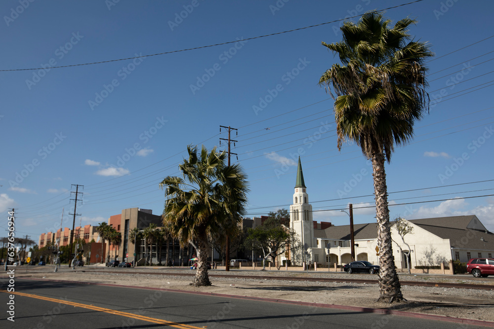 Maywood, California, USA - February 11, 2023: Afternoon sun shines on palm trees and buildings of Downtown Maywood.