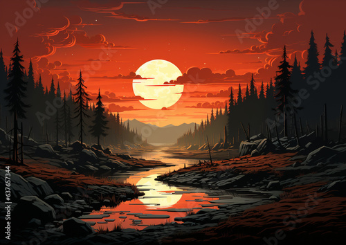 sunset on the lake illustration