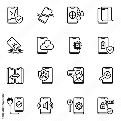 Mobile phone service and repair line icons. scratch, technician, touch, protect, maintenance, telephone, support, cellphone, smart, diagnostic, outline, fix, protection, repair, screen, cell