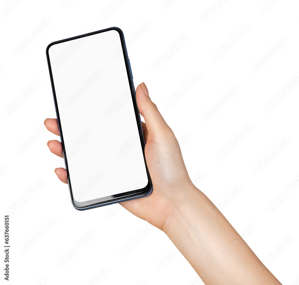 Hand holding the black smartphone with mockup of blank screen on isolated background. Hand holding the black smartphone with mockup of blank screen on isolated background.