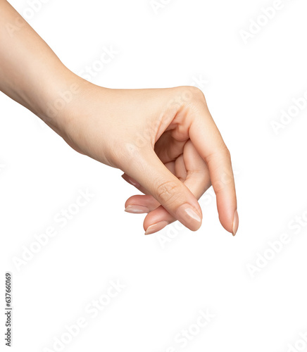 Woman hand touching or pointing on isolated background.