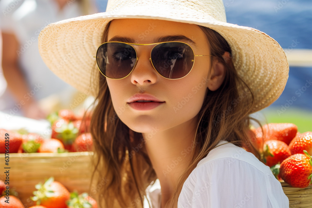 young beautiful woman in glasses and a hat and a white dress with strawberries at a tennis tournament on a sunny day.  