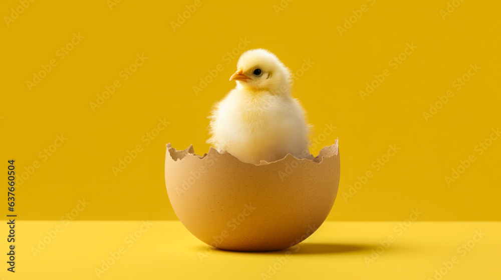 small yellow chicken in a shell on a yellow background. postcard with copy space, easter concept. 