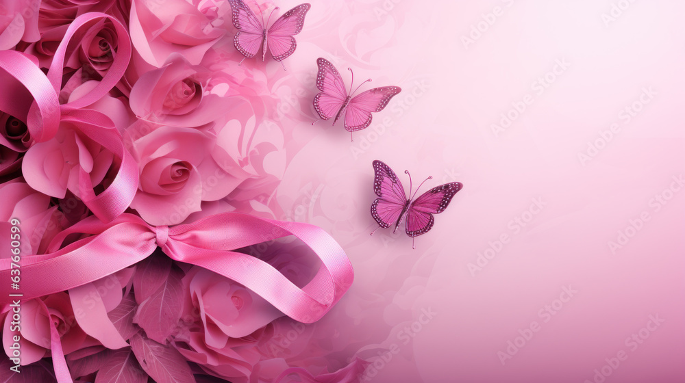 World Breast Cancer awareness month concepts designs. Pink ribbon with butterfly decoration. Women health care support. Medical Design for ad, social media, web, cover, promotion. Generative AI