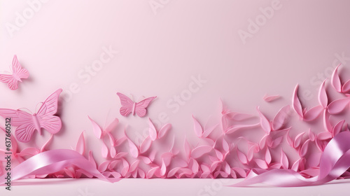 World Breast Cancer awareness month concepts designs. Pink ribbon with butterfly decoration. Women health care support. Medical Design for ad, social media, web, cover, promotion. Generative AI