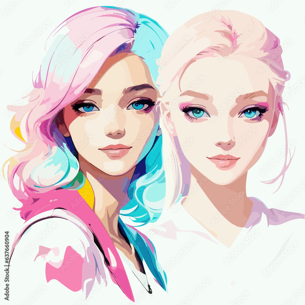 Two blue-eyed girls. Friends, sisters. Vector illustration isolated on a light background. Book illustration. Two blue-eyed girls. Friends, sisters. Vector illustration isolated on a light background. Book illustration.