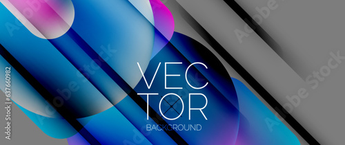 Dynamic bright colorful geometric elements with fluid gradients, lights, shadows blend in a minimal backdrop, creating captivating composition