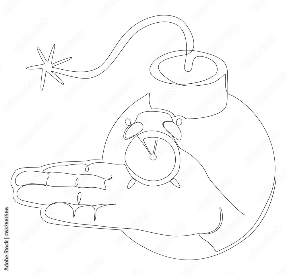 Obraz premium One continuous line of alarm clock with Bomb. Thin Line Illustration vector concept. Contour Drawing Creative ideas.