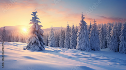 Snowy trees, winter landscape and sunrise, generative Ai © ThreePines