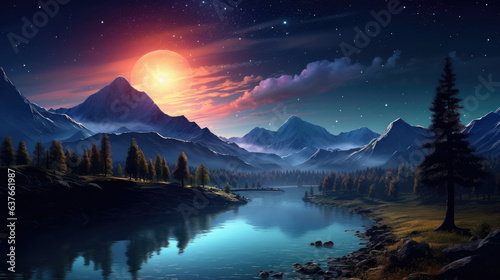 Scenic mountain, water landscape with galaxy above, generative Ai
