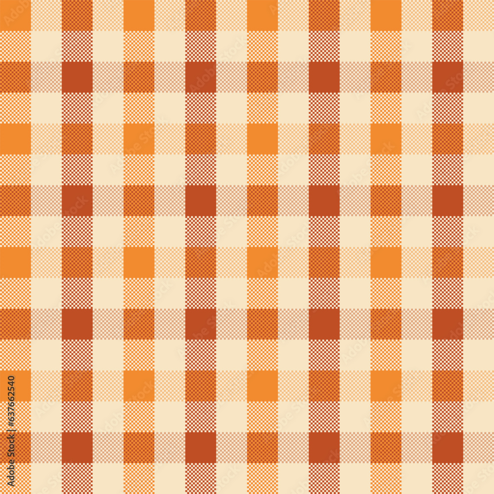 Seamless Pixel plaid and checkered patterns in orange and beige for textile design. Gingham pattern with square shapes graphic background for a fabric print. Vector illustration.