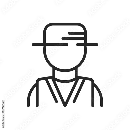 Hunter Icon. Vector Linear Illustration of Outdoor Adventure Scout Silhouette with Camouflage Clothing and Hat for Wildlife Nature Hunting. 